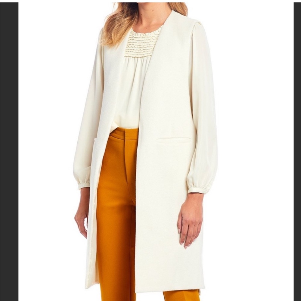 New GIBSON LATIMER Ivory Long Slitted Duster Vest Classic Minimalist Small